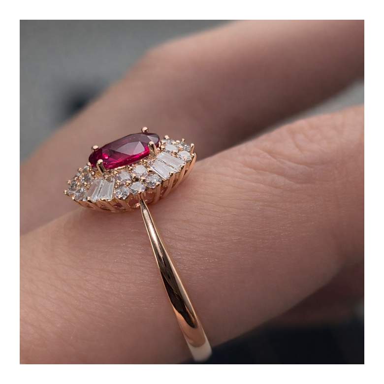 Bague fiançailles rubis, diamants or rose - 5
