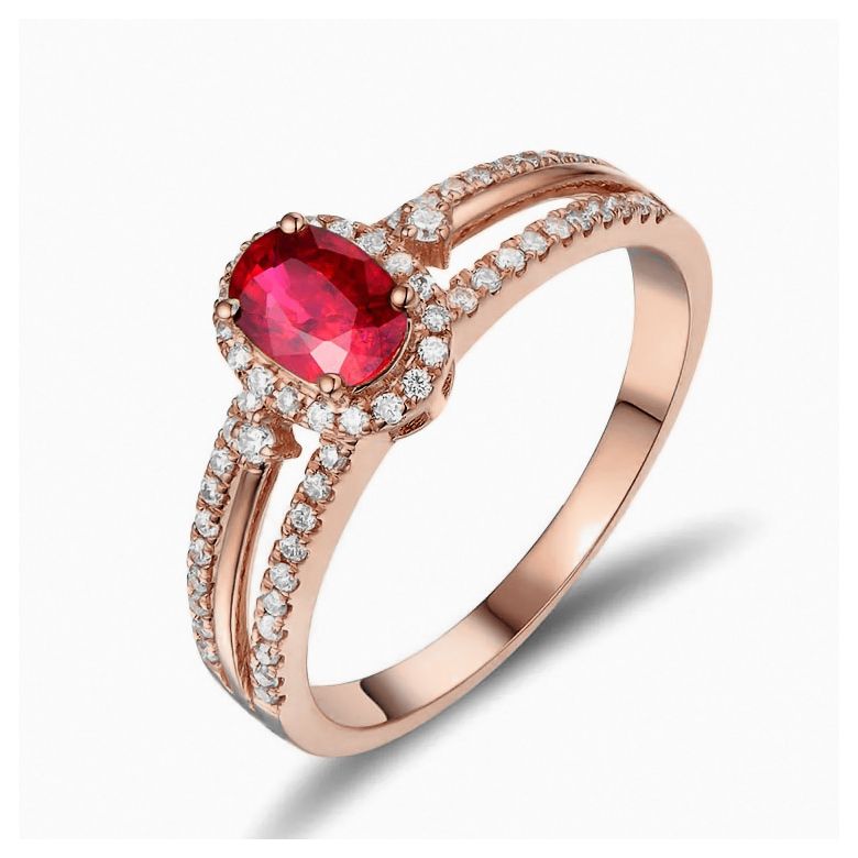 Bague fiançailles rubis or rose. Diamants - 1