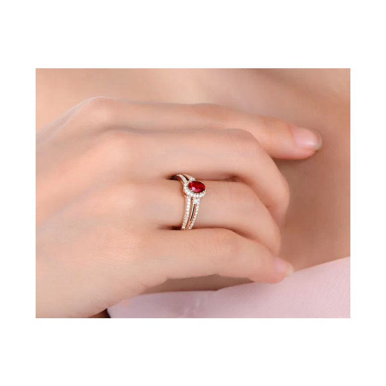 Bague fiançailles rubis or rose. Diamants - 2