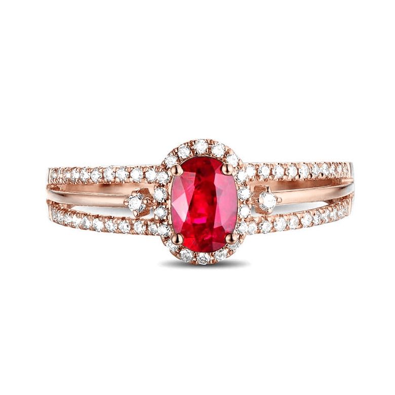 Bague fiançailles rubis or rose. Diamants - 3