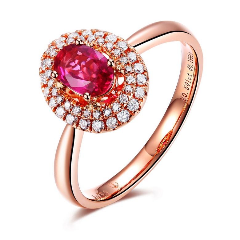 Bague de fiançailles rubis diamants et or rose - Forme ovale - 1