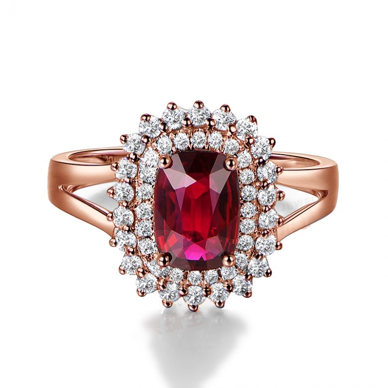 Bague rubis sertie d'une double rangée de diamants. Or rose - 3