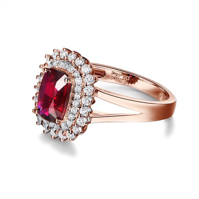 Bague rubis sertie d'une double rangée de diamants. Or rose - 4