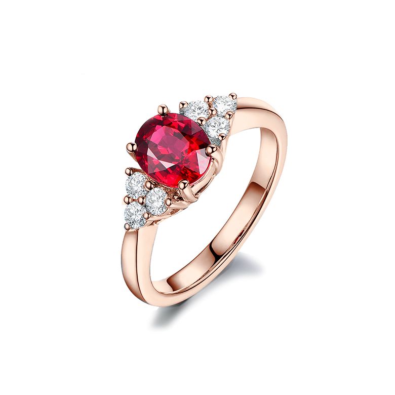Bague Fiançailles Rubis, Diamants, Or rose. Douce France - 1
