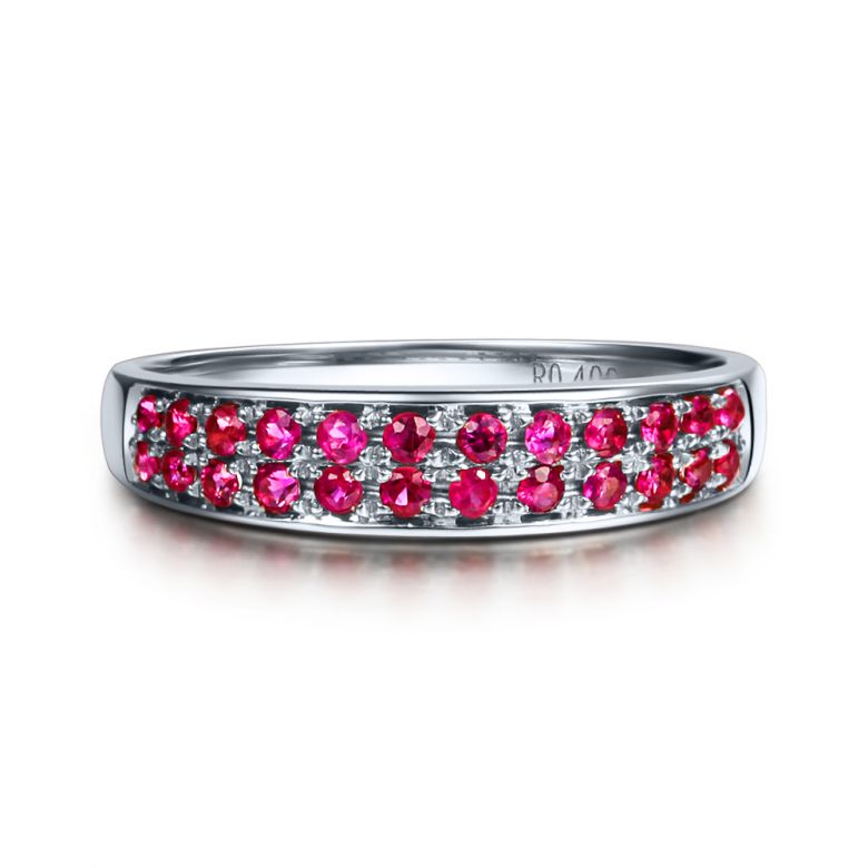 Bague or blanc demi tour rubis - 2 rangées de pierres pavées - 6