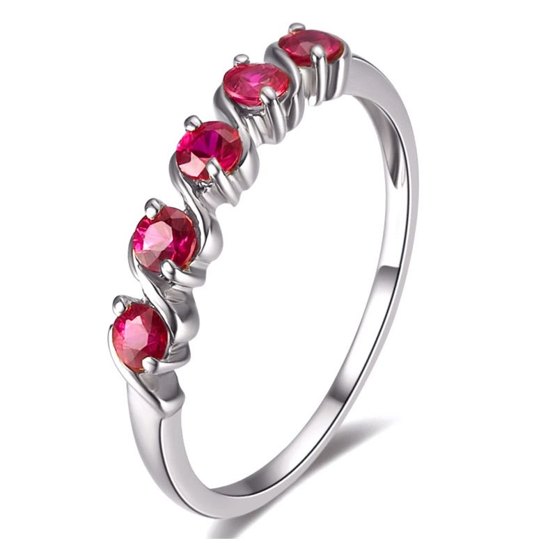 Bague Or Blanc 5 rubis 0.50ct. Bandelettes Incurvées Vagues - 1
