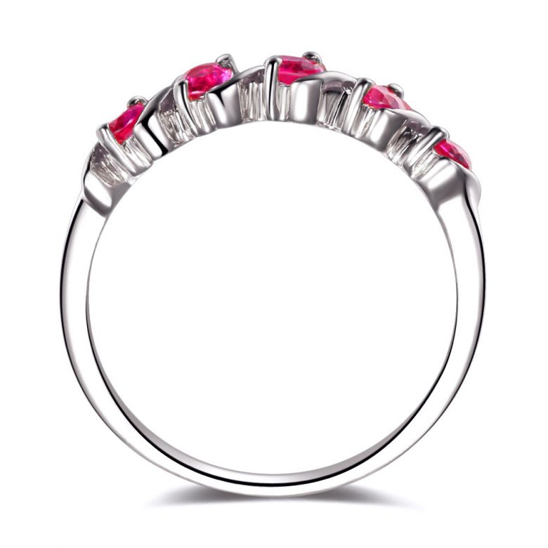 Bague Or Blanc 5 rubis 0.50ct. Bandelettes Incurvées Vagues - 3