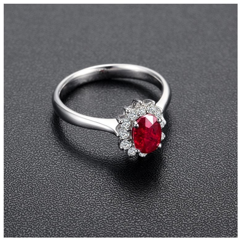 Bague rubis, diamants monture or blanc - Création florale classique - 5