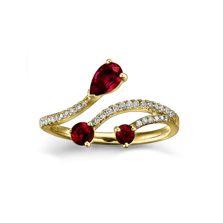 Bague larmes de rubis - Diamants, or jaune - 3