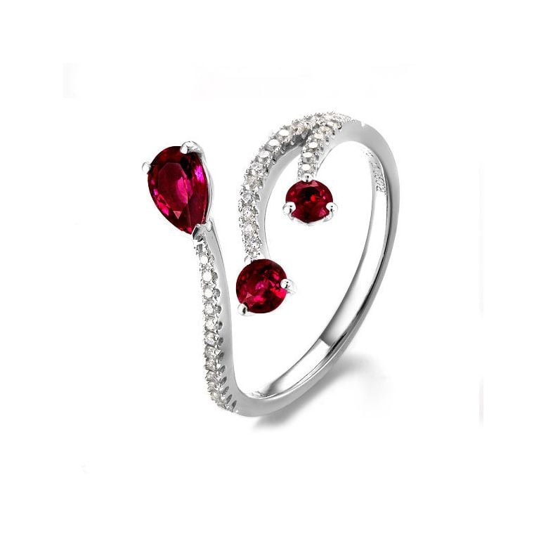 Bague larmes de rubis - Diamants, or blanc - 1