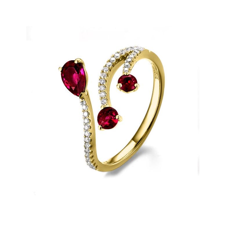 Bague larmes de rubis - Diamants, or jaune - 1