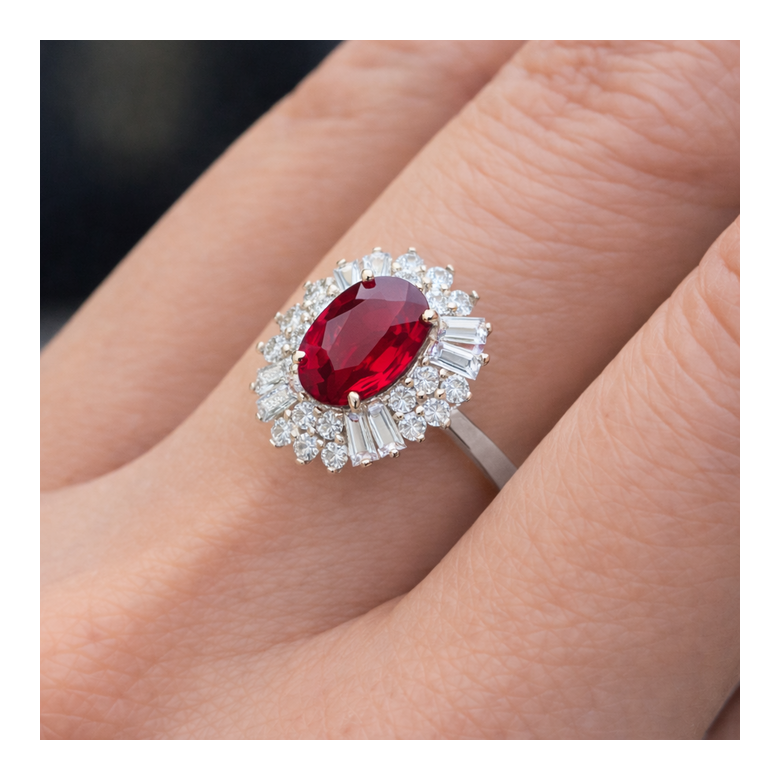 Bague fiançailles rubis, diamants or blanc - 2