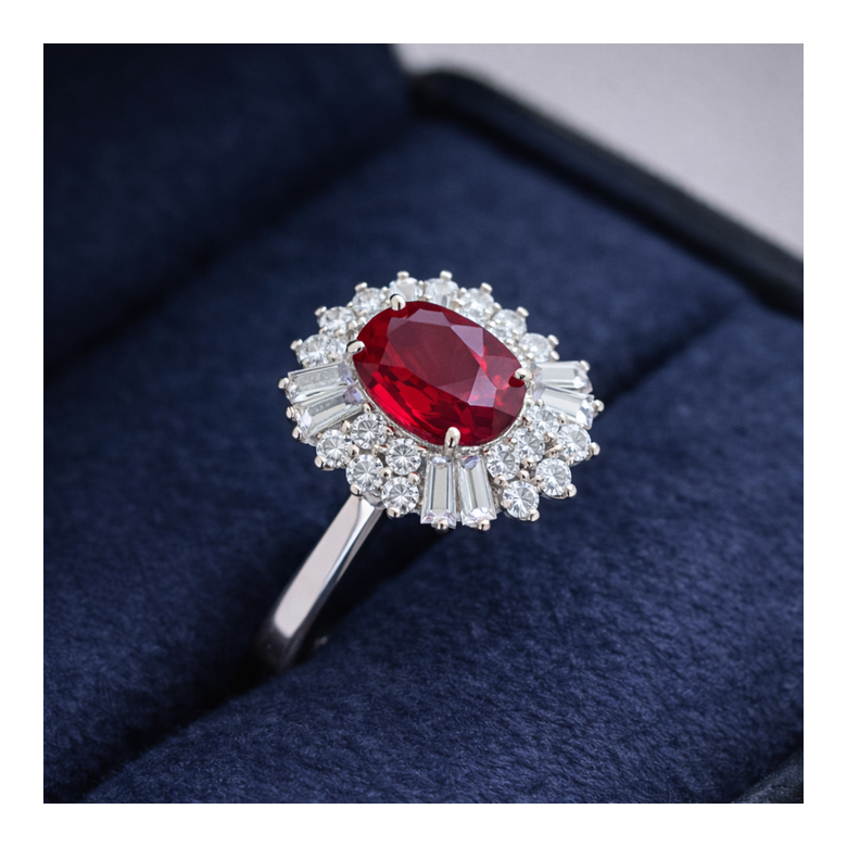 Bague fiançailles rubis, diamants or blanc - 1