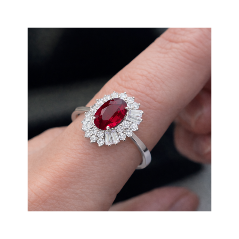 Bague fiançailles rubis, diamants or blanc - 3