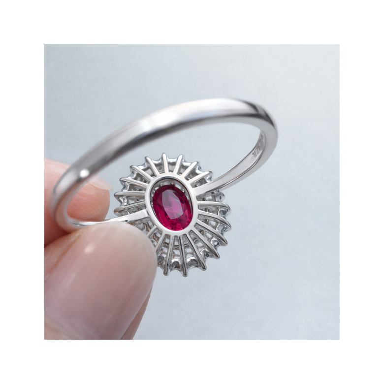 Bague fiançailles rubis, diamants or blanc - 4