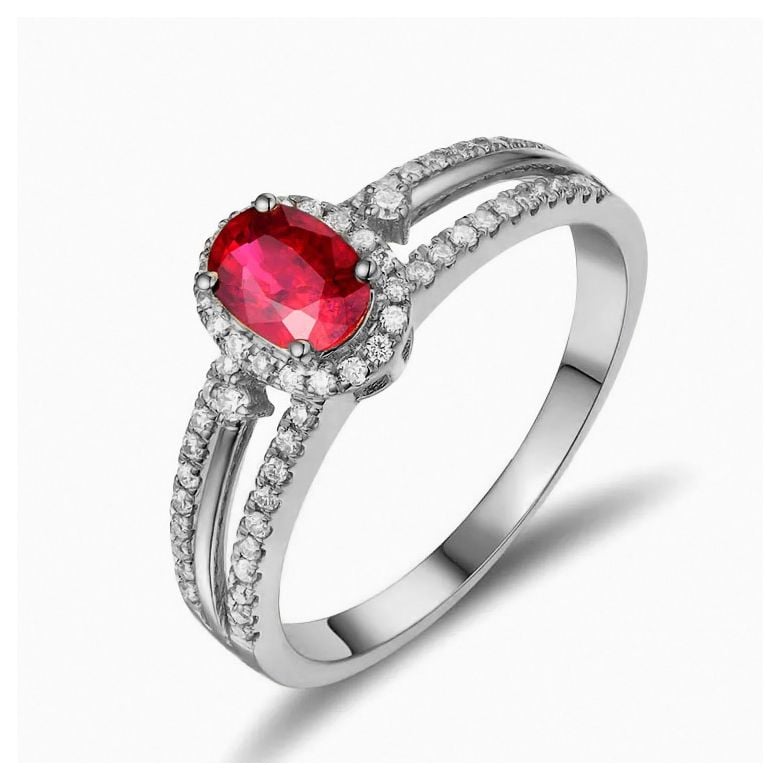 Bague fiançailles rubis or blanc. Diamants - 1