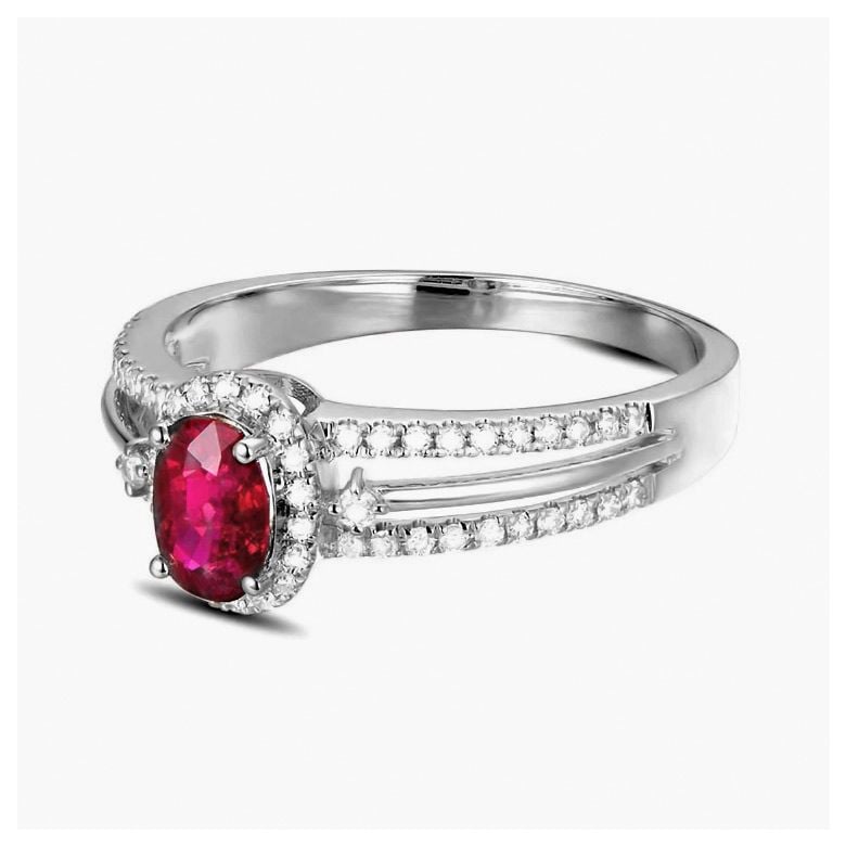 Bague fiançailles rubis or blanc. Diamants - 2