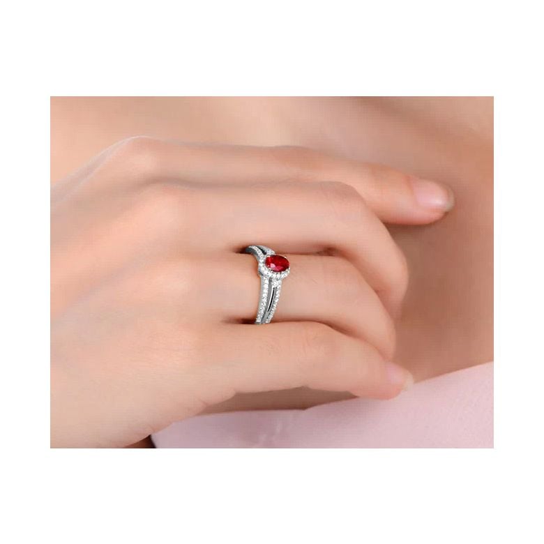 Bague fiançailles rubis or blanc. Diamants - 3