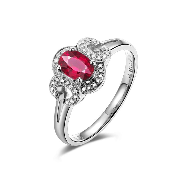 Bague de fiançailles en rubis diamants et or blanc. Motifs bouclés - 1