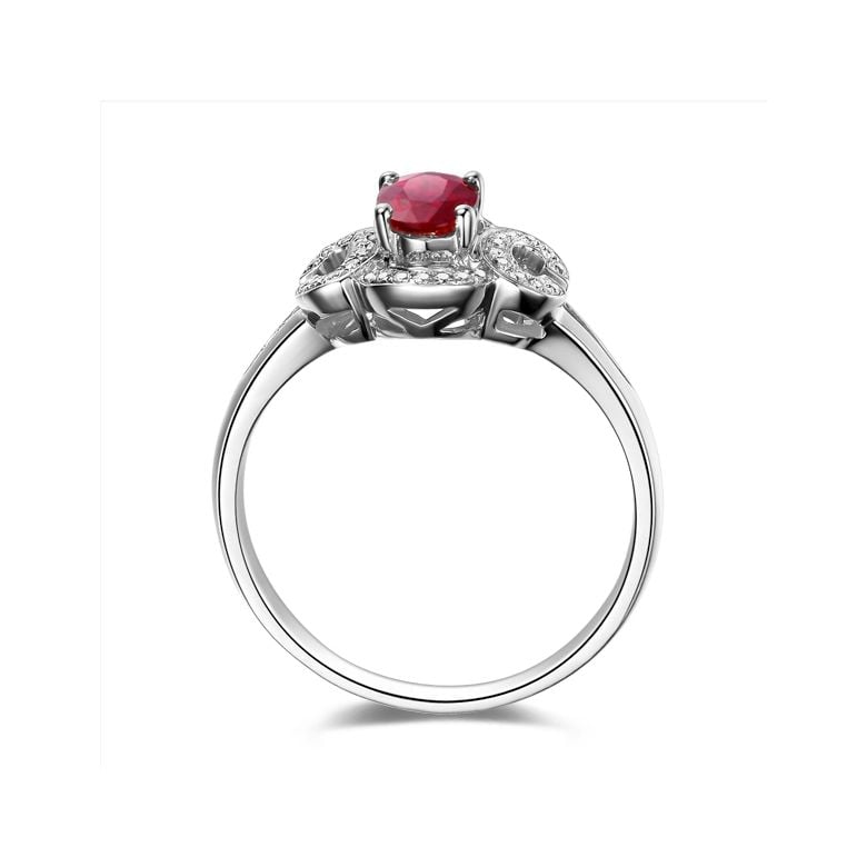 Bague de fiançailles en rubis diamants et or blanc. Motifs bouclés - 2
