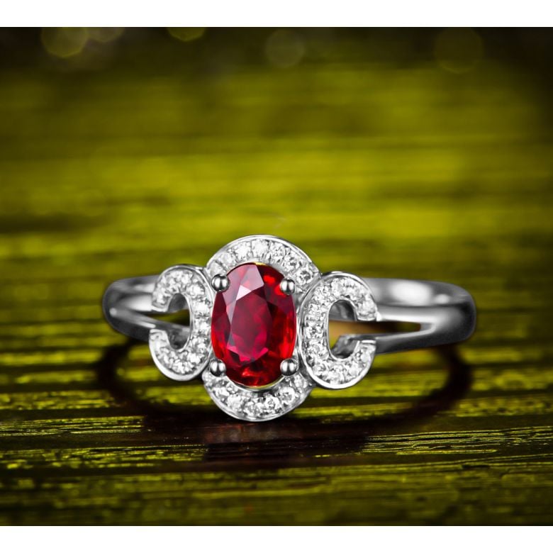 Bague de fiançailles en rubis diamants et or blanc. Motifs bouclés - 3