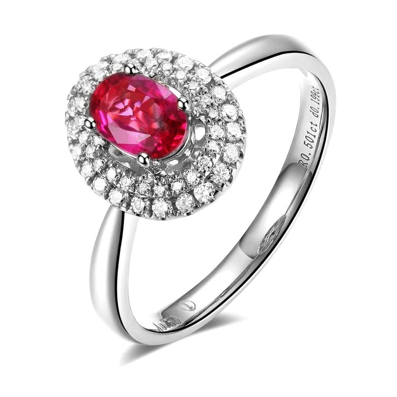 Bague de fiançailles rubis diamants et or blanc - Forme ovale - 1
