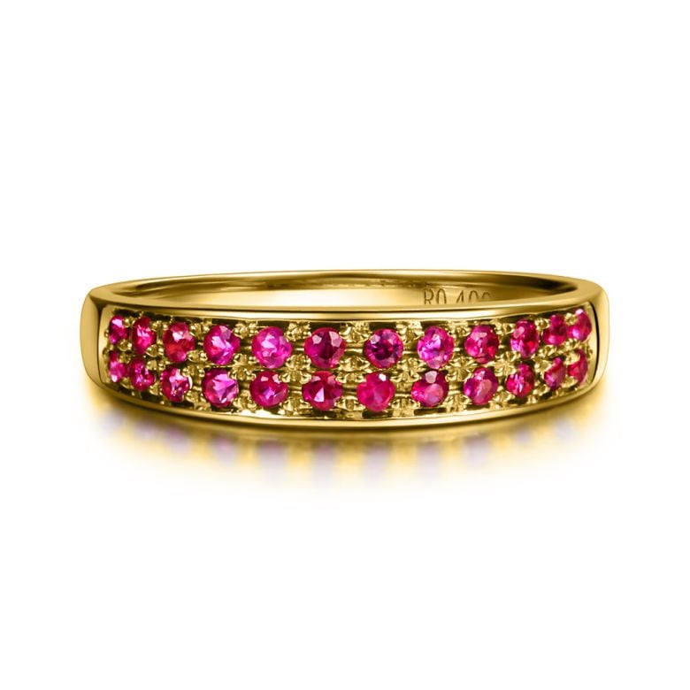 Bague or jaune demi tour rubis - 2 rangées de pierres pavées - 5