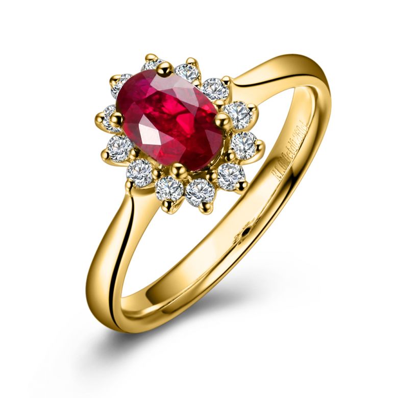 Bague rubis, diamants monture or jaune - Création florale classique - 1