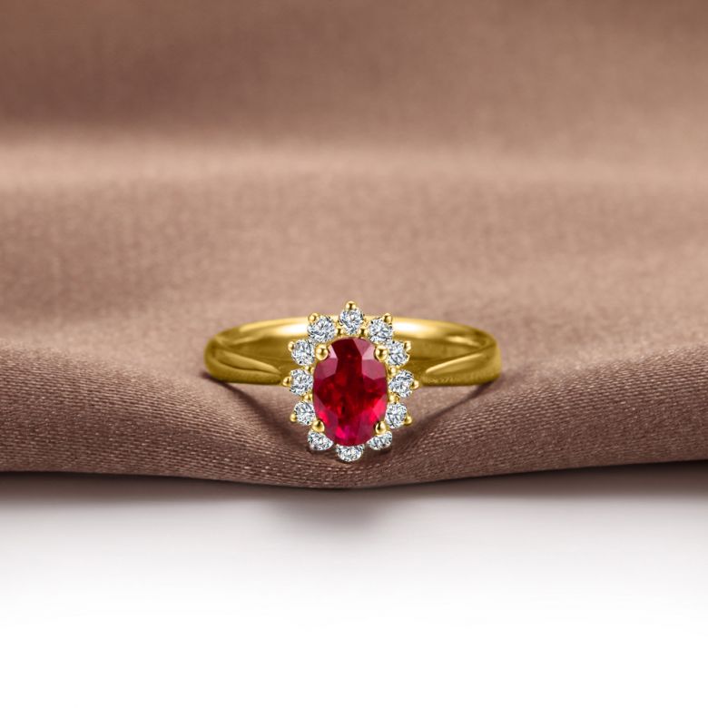 Bague rubis, diamants monture or jaune - Création florale classique - 3