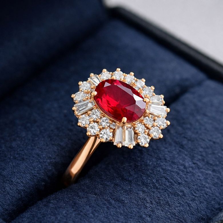 Bague fiançailles rubis, diamants or jaune - 1