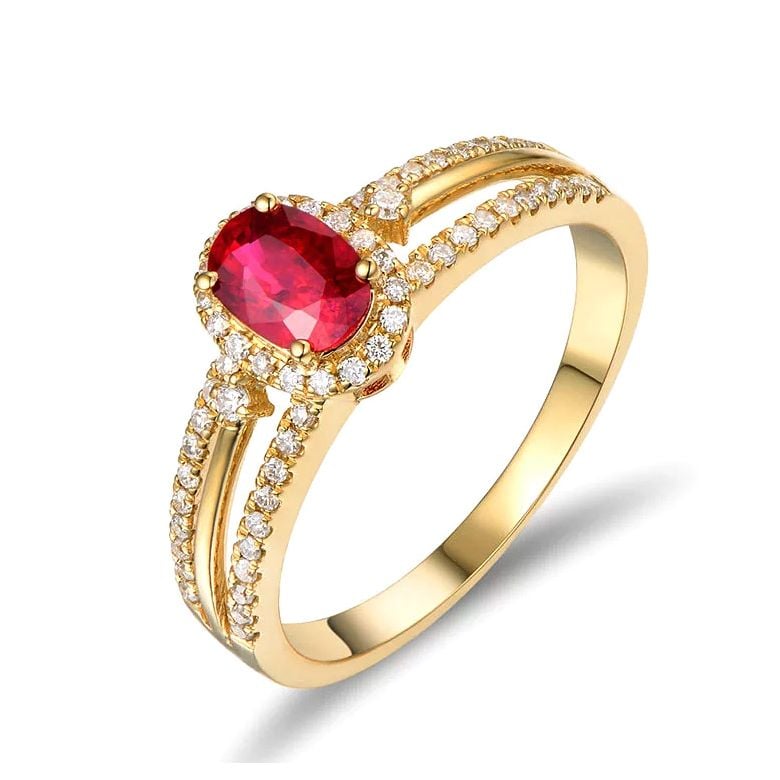 Bague fiançailles rubis or jaune. Diamants - 1