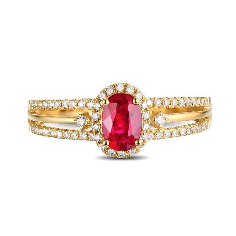Bague fiançailles rubis or jaune. Diamants - 4