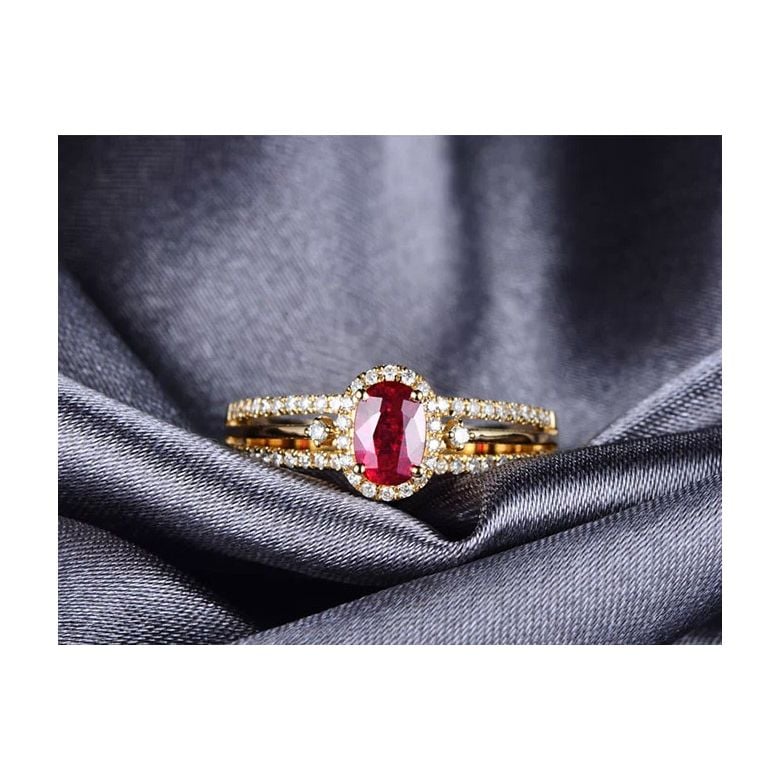 Bague fiançailles rubis or jaune. Diamants - 3