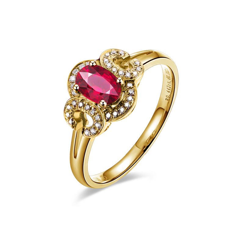 Bague de fiançailles en rubis diamants et or jaune. Motifs bouclés - 1