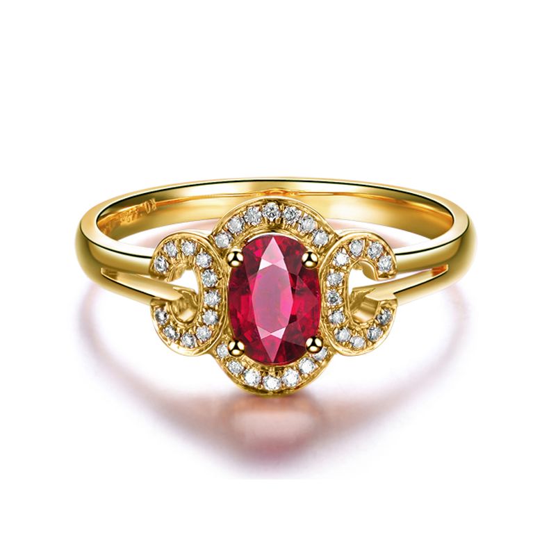 Bague de fiançailles en rubis diamants et or jaune. Motifs bouclés - 2