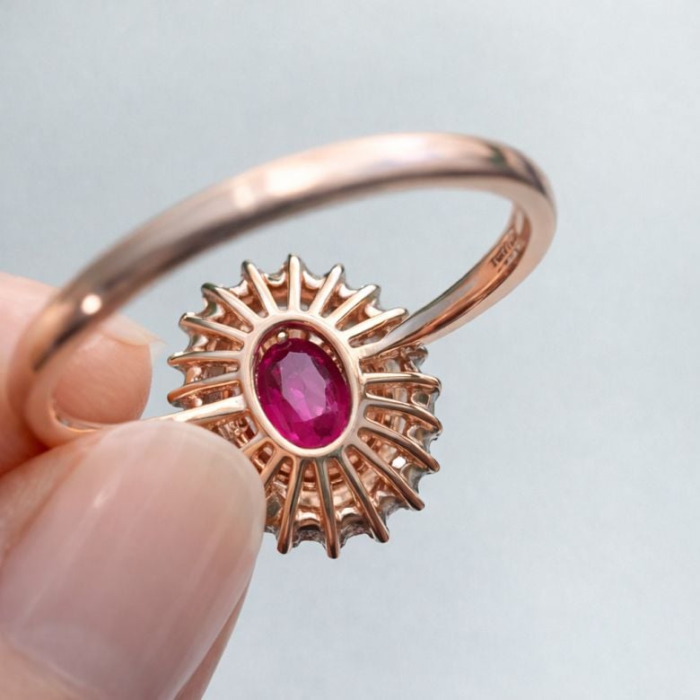 Bague fiançailles rubis, diamants or jaune - 6