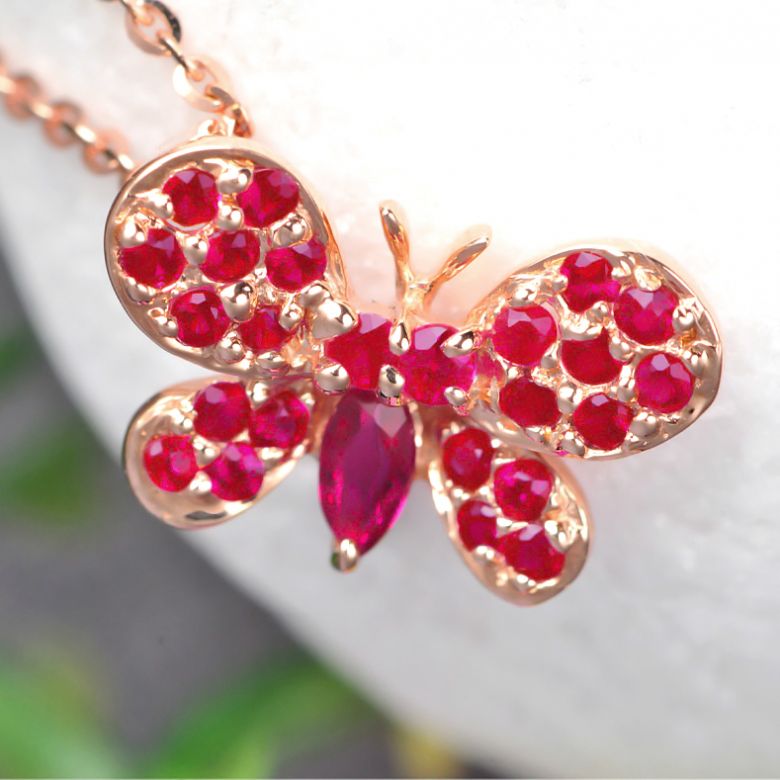 Pendentif papillon or rose - Rubis de Birmanie - 3