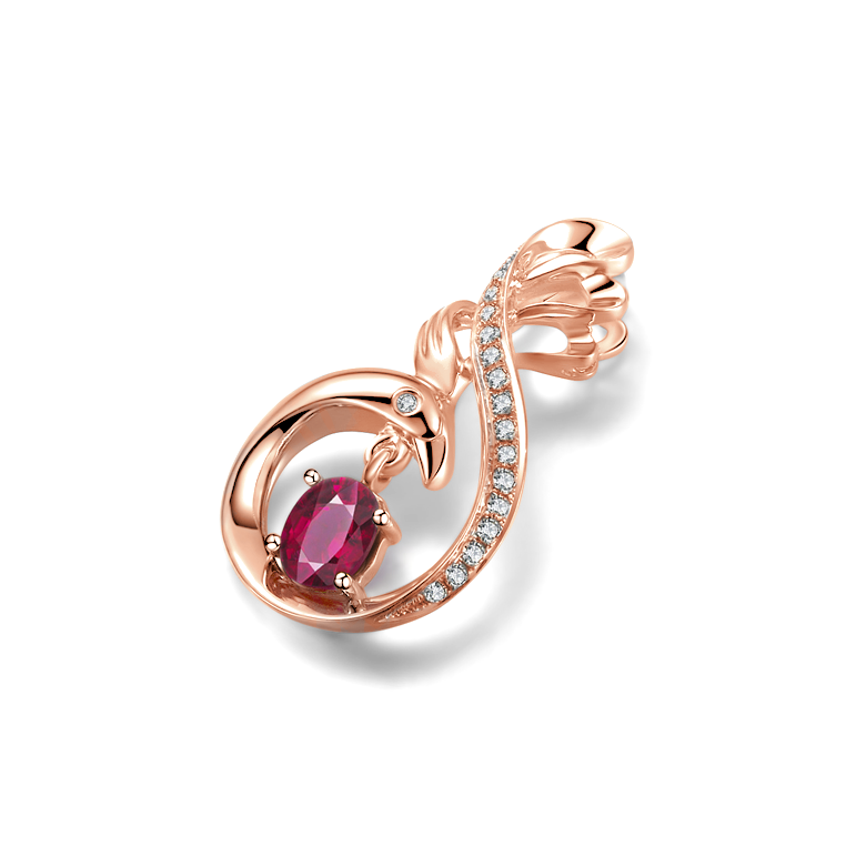 Pendentif cygne or rose - Rubis et diamants en pendeloque - 1
