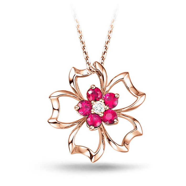 Pendentif fleur 5 feuilles - Or rose 18 carats - Rubis 0.30 ct - 1