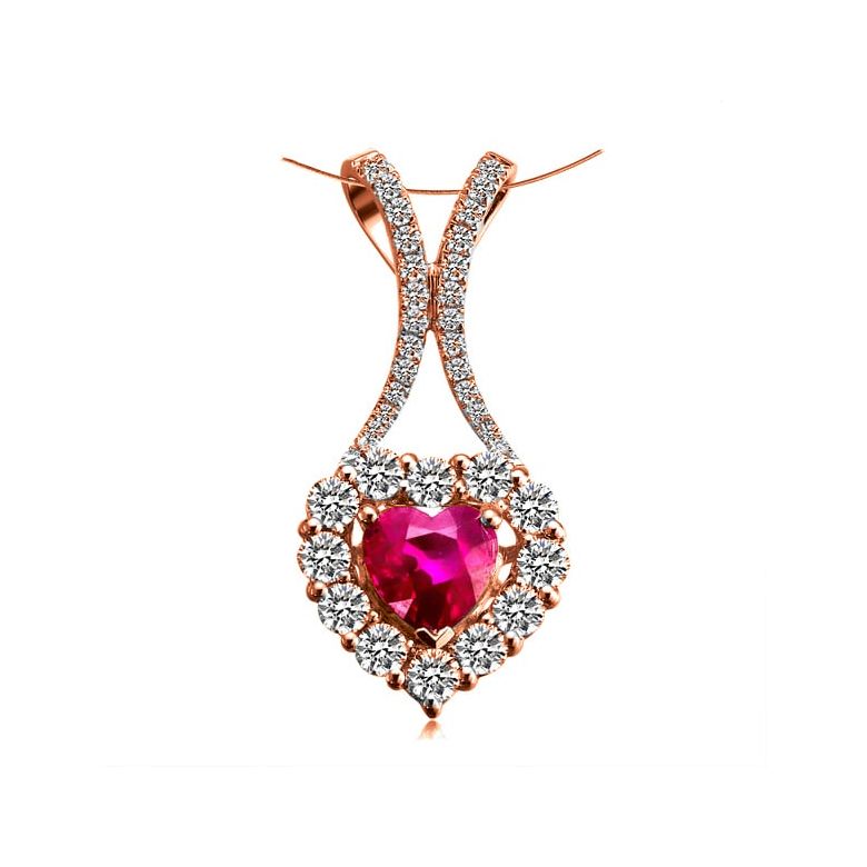 Pendentif coeur or rose - Rubis et diamants en pendeloque - 1
