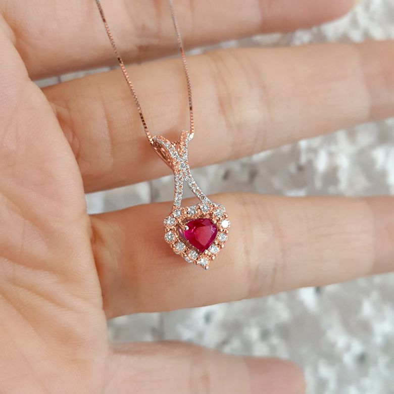 Pendentif coeur or rose - Rubis et diamants en pendeloque - 3
