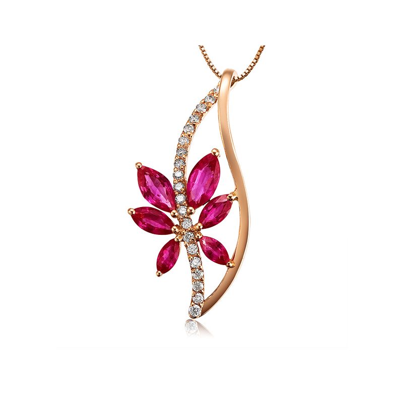 Fleur grimpante  - Pendentif rubis fleur grimpante - Or rose 18cts - Tige diamantée - 1