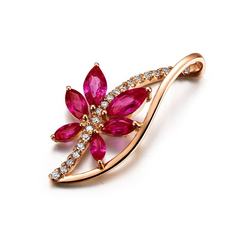 Fleur grimpante  - Pendentif rubis fleur grimpante - Or rose 18cts - Tige diamantée - 2