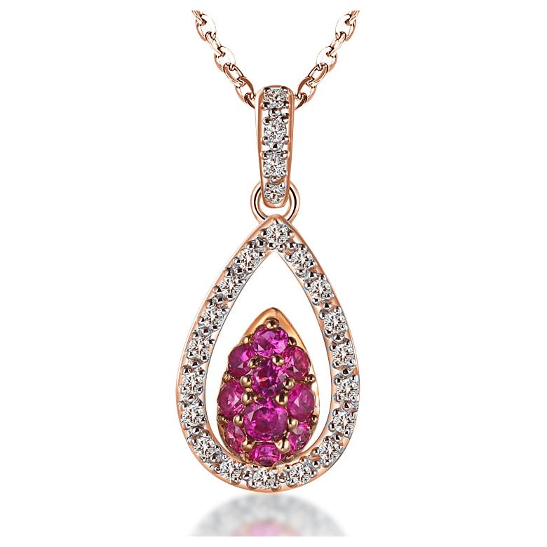 Pendentif pétale or rose - 2 pétales superposées - Rubis et diamants en pendeloque - 1