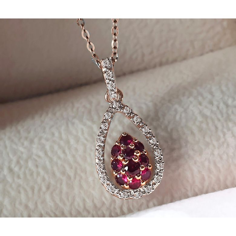 Pendentif pétale or rose - 2 pétales superposées - Rubis et diamants en pendeloque - 3
