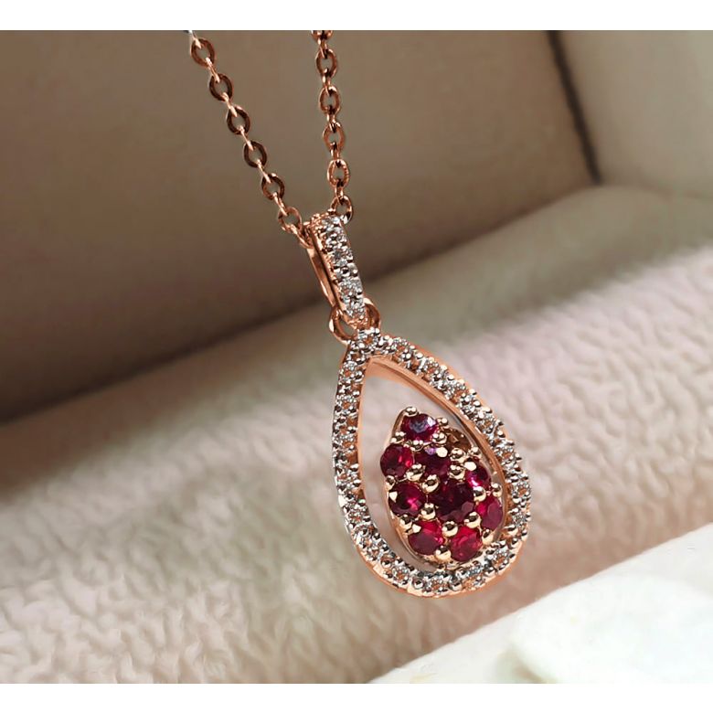 Pendentif pétale or rose - 2 pétales superposées - Rubis et diamants en pendeloque - 5