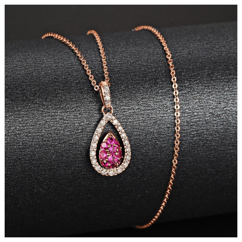 Pendentif pétale or rose - 2 pétales superposées - Rubis et diamants en pendeloque - 7