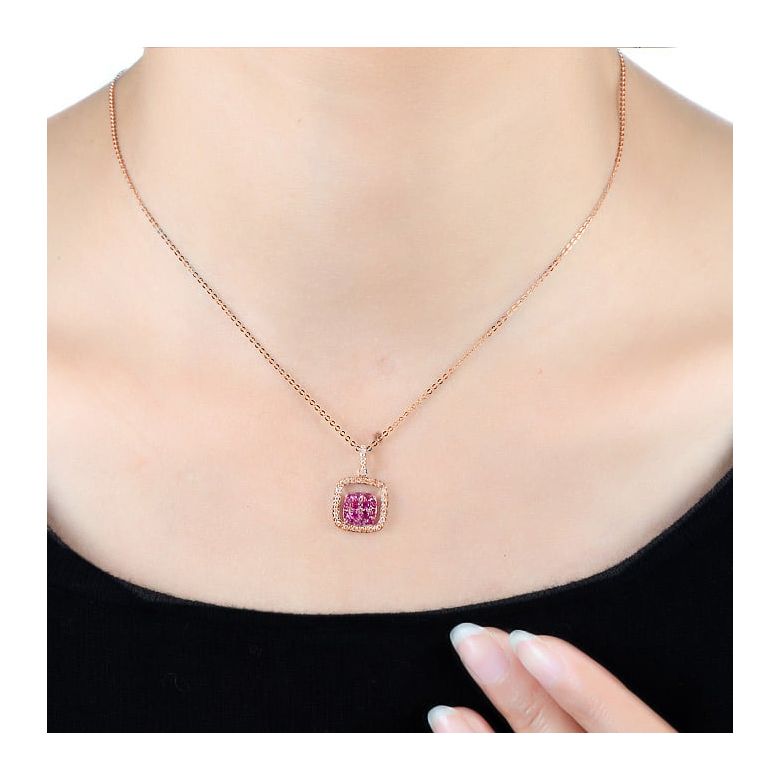 Pendentif carré - 2 carrés superposés - Rubis et diamants en pendeloque or rose - 2