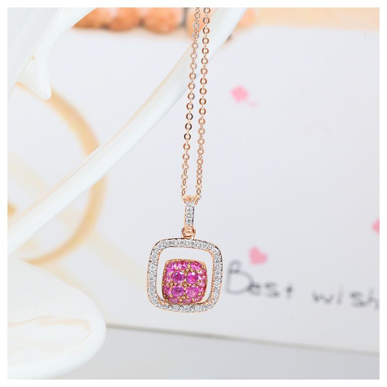 Pendentif carré - 2 carrés superposés - Rubis et diamants en pendeloque or rose - 4
