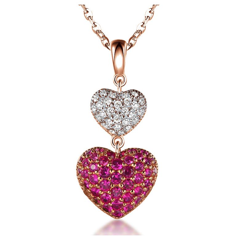 Pendentif double coeur rubis et diamants sertis grains - Or rose - 1